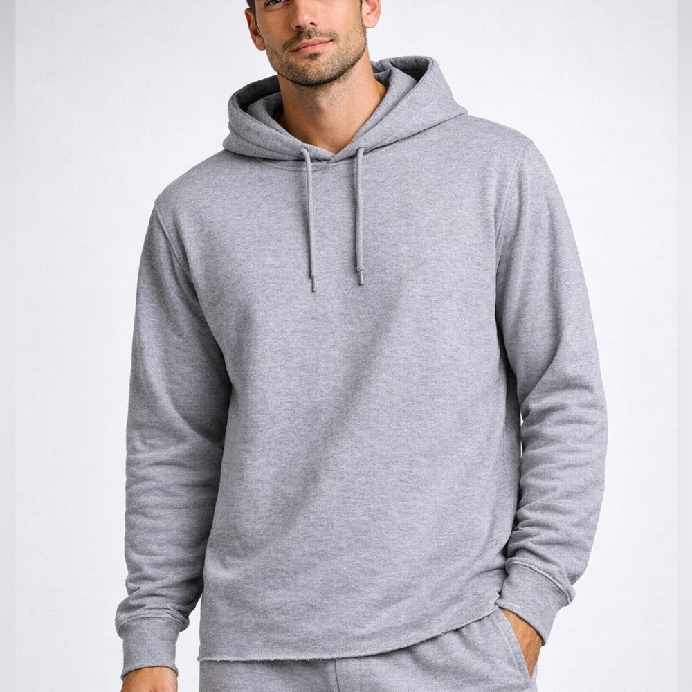 Ananke Men’s Heather Grey‎ pullover Fleece Hoodie raw hem Size Small Minimalist